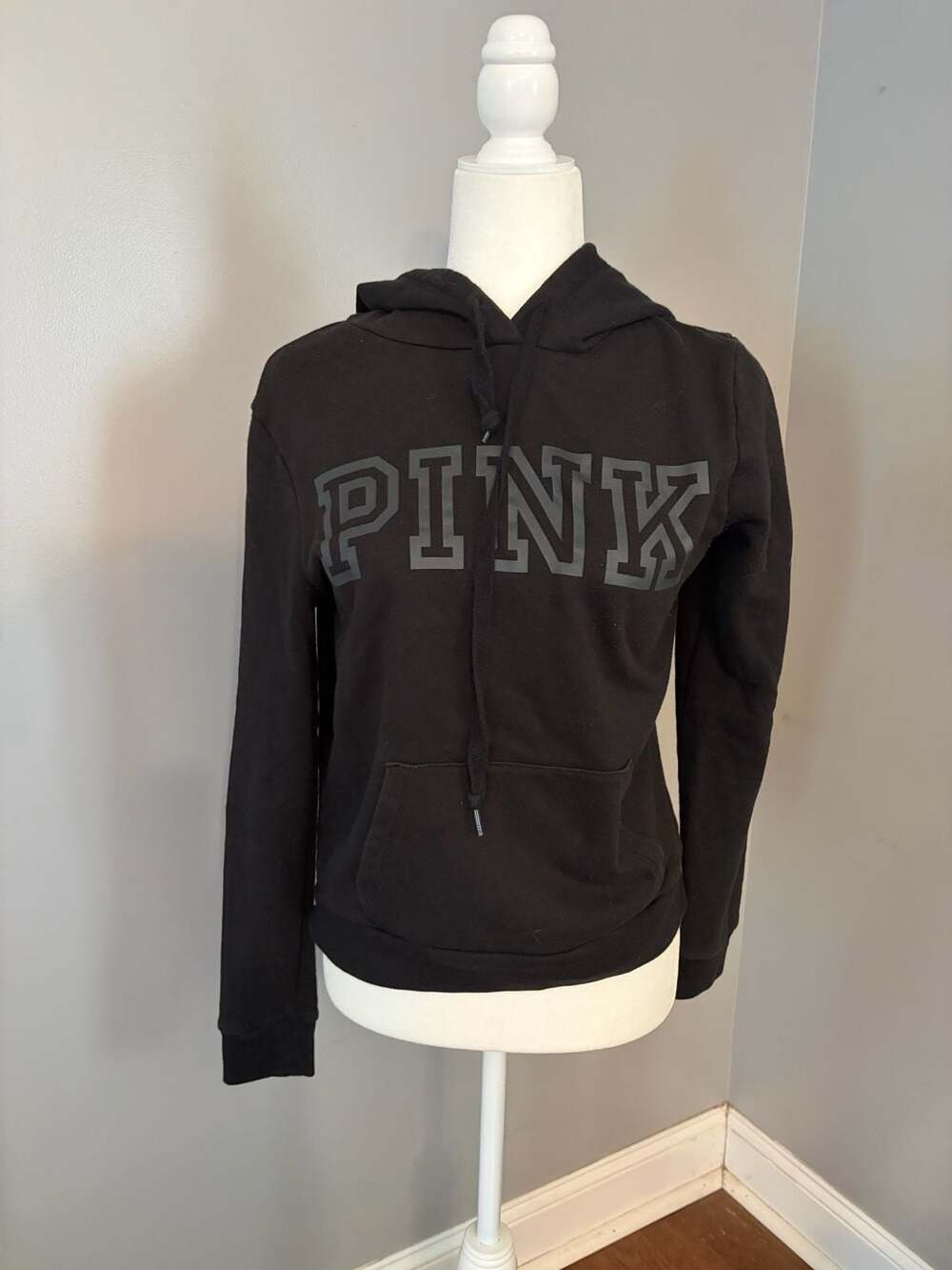 Victoria's Secret PINK Black Pullover Hoodie with Gray Logo and Front Pocket